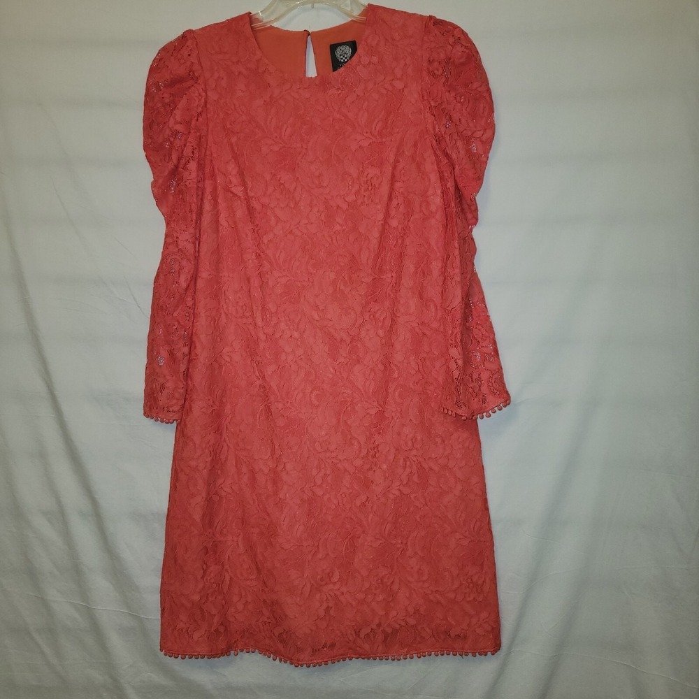 Vince Camuto Sz 4 Coral Lace Shift Dress Puff Sleeve Pom Pom Trim Zip Lined C1